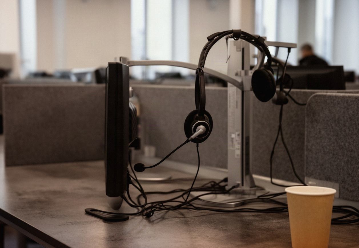 Zestaw słuchawkowy konsultanta call center na stanowisku w biurze obsługi klienta