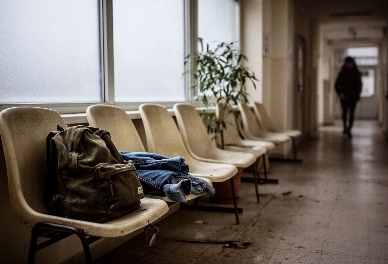 Poczekalnia w przychodni z plecakiem studenta na krześle