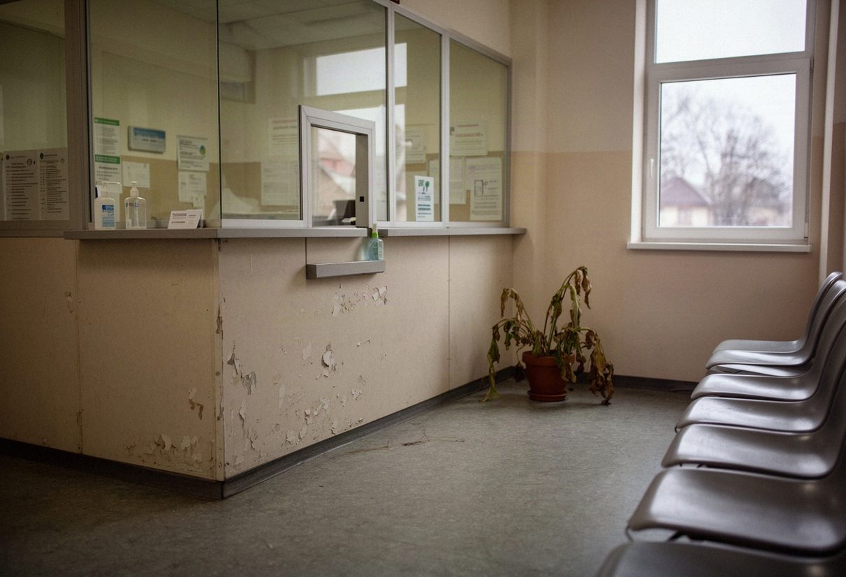 Pusta rejestracja w przychodni z oszkloną ladą i krzesłami w poczekalni